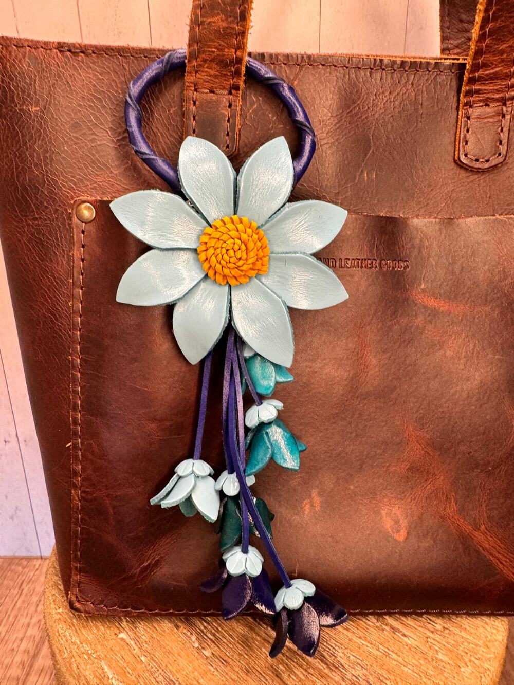Light Blue Leather Daisy Purse Charm Genuine Leather Blue Flower Bag Charm